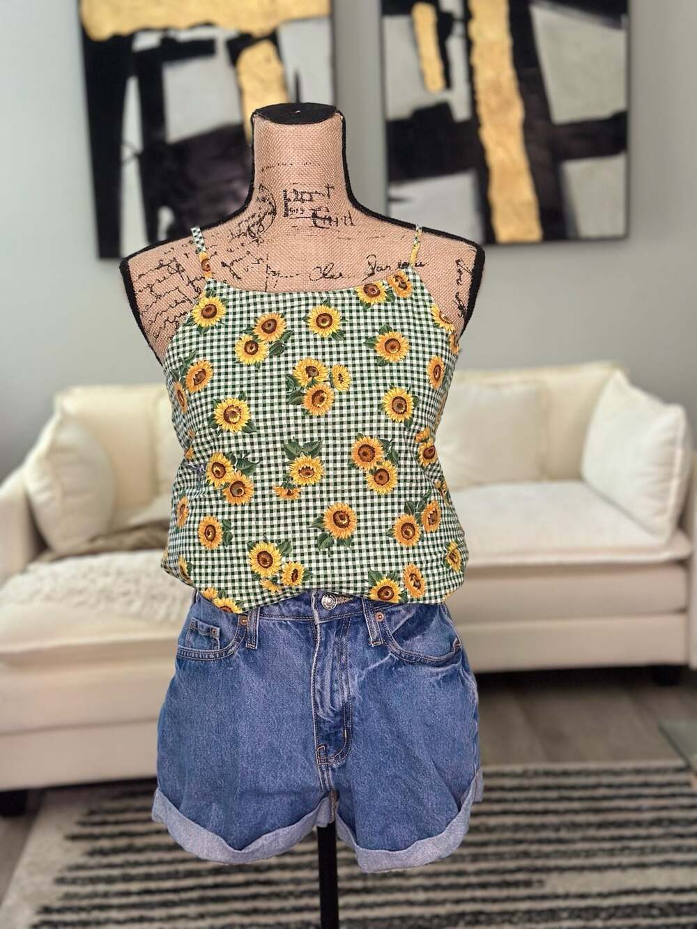 Vintage Sunflower Print Green Gingham Spaghetti Strap Tank Top